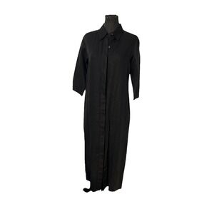 Coldwater Creek Linen Midi Dress Hi Slit Size MP 3/4 Sleeve Black Button Front